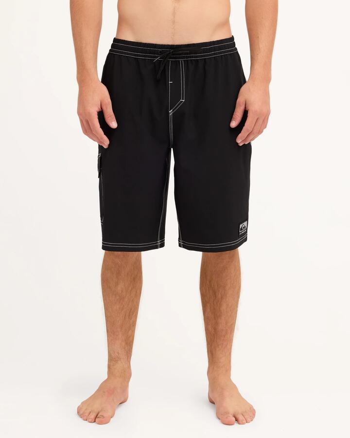 Image of a model wearing Shorts. Product name - Quiksilver Mens Exhibit 21" Volley Shorts Black in Black colour by brand - Quiksilver