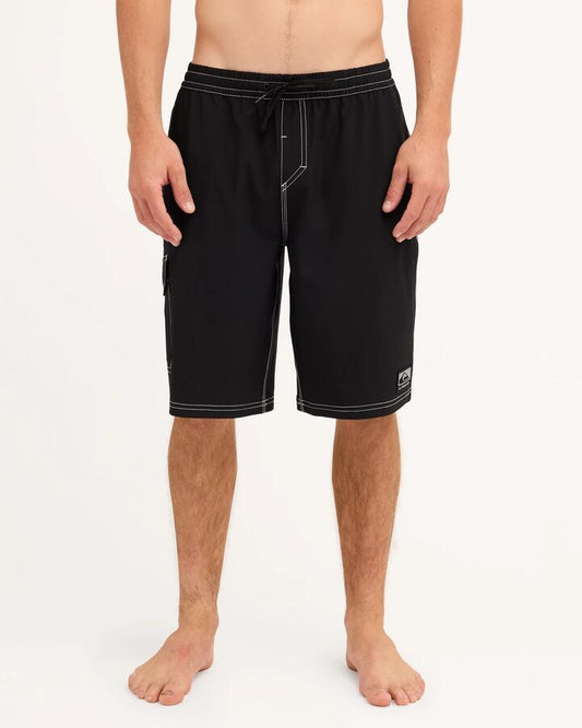 Image of a model wearing Shorts. Product name - Quiksilver Mens Exhibit 21" Volley Shorts Black in Black colour by brand - Quiksilver
