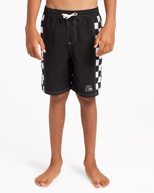 Image of a model wearing Shorts. Product name - Quiksilver Boys 8-16 Original Arch 17" Volley Shorts Black in Black colour by brand - Quiksilver