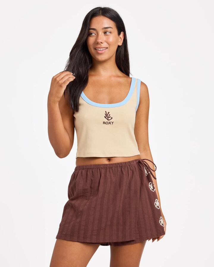 Image of a model wearing Tops. Product name - Roxy Womens Cowrie Tank Top Pebble in Pebble colour by brand - Roxy