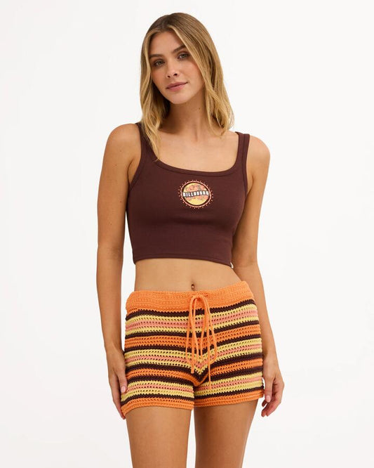 Image of a model wearing Shorts. Product name - Billabong Womens Tangelo Mini Elastic Waist Shorts Summer Orange in Summer Orange colour by brand - Billabong