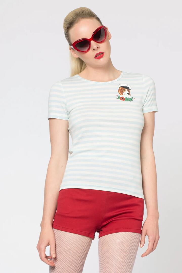 Image of a model wearing Tops. Product name - Aye Aye Captain Top in Aqua colour by brand - Dangerfield