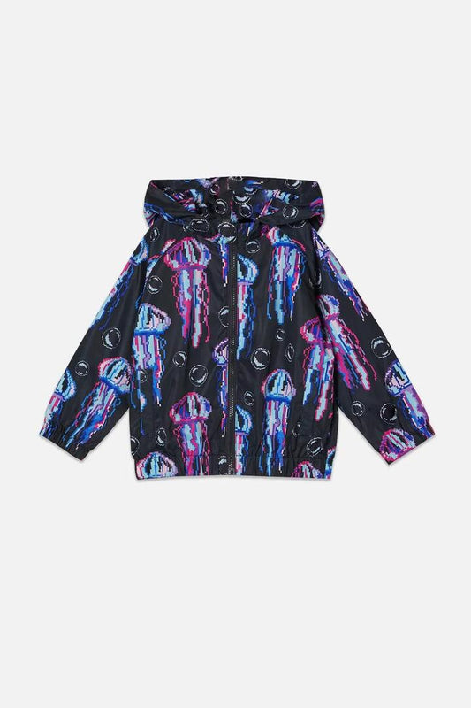 Image of a model wearing Rain Coats. Product name - Jellyfish Kids Raincoat in Black colour by brand - Dangerkids