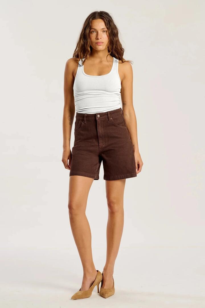 Image of a model wearing Shorts. Product name - Super Mirage Chocolate Denim Short in Chocolate colour by brand - Rollas