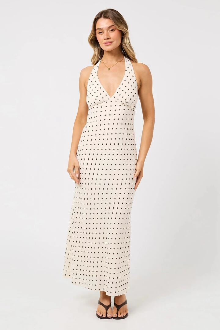 Image of Dresses. Product name - Imani Vanilla Spot Halter Maxi Dress in Cream colour by brand - All About Eve