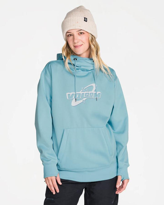 Image of a model wearing Outerwear. Product name - Volcom Womens Riding Hydro Pullover Opal in Opal colour by brand - Volcom