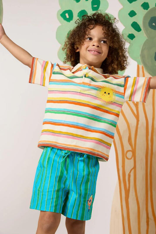 Image of a model wearing Tops. Product name - Sunshine Stripe Kids Polo Top in Multi colour by brand - Gorman