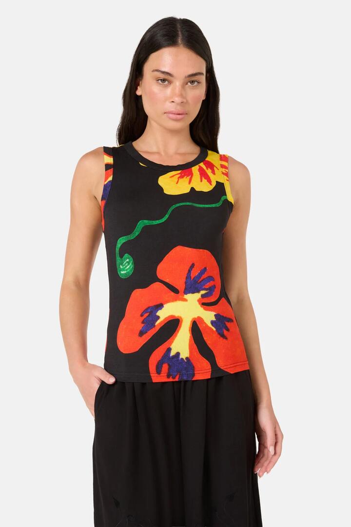 Image of a model wearing Tops. Product name - Climbing Colour Jersey Tank in Print colour by brand - Gorman