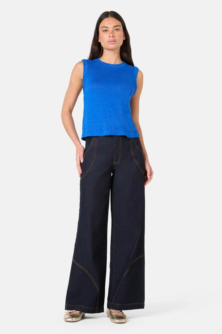 Image of a model wearing Tops. Product name - Hemp Tank in Blue colour by brand - Gorman