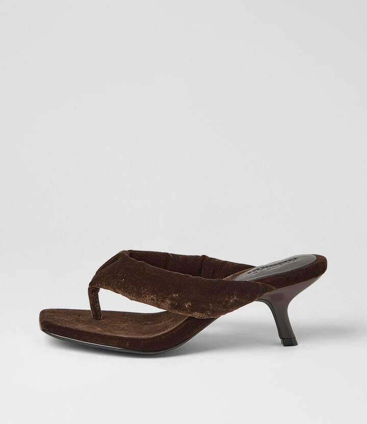 Image of Sandals. Product name - Heedee Choc Velvet Sandals in Choc colour by brand - MOLLINI