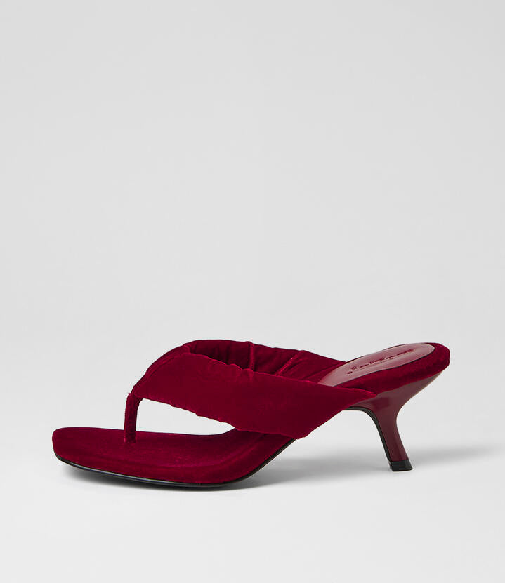 Image of Sandals. Product name - Heedee Ruby Velvet Sandals in Ruby colour by brand - MOLLINI