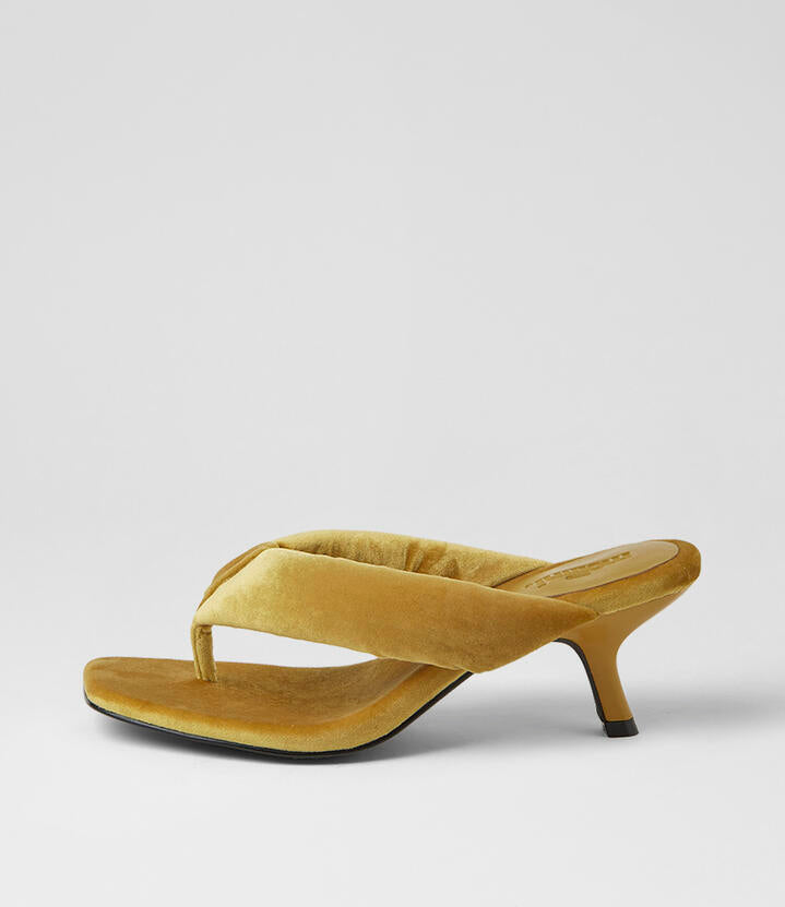 Image of Sandals. Product name - Heedee Chartreuse Velvet Sandals in Chartreuse colour by brand - MOLLINI