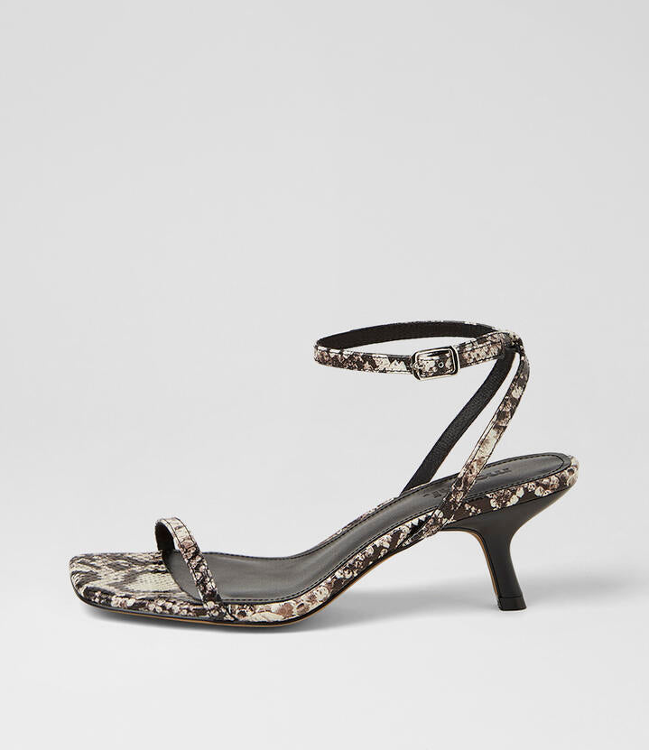 Image of Sandals. Product name - Hazeel Black Taupe Snake Leather Sandals in Black&Taupe colour by brand - MOLLINI