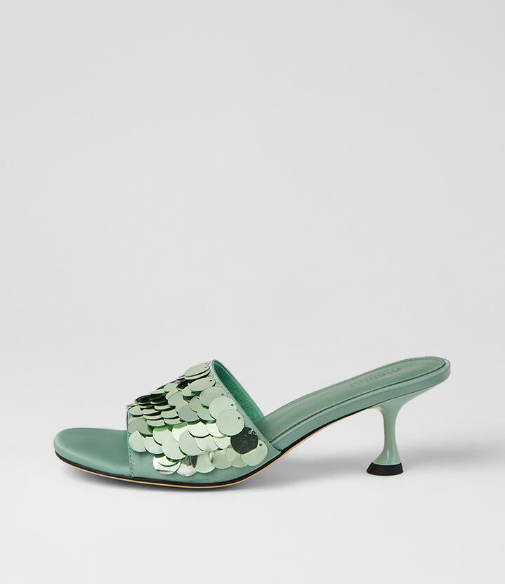 Image of Sandals. Product name - Ampale Mint Sequin Sandals in Mint colour by brand - MOLLINI