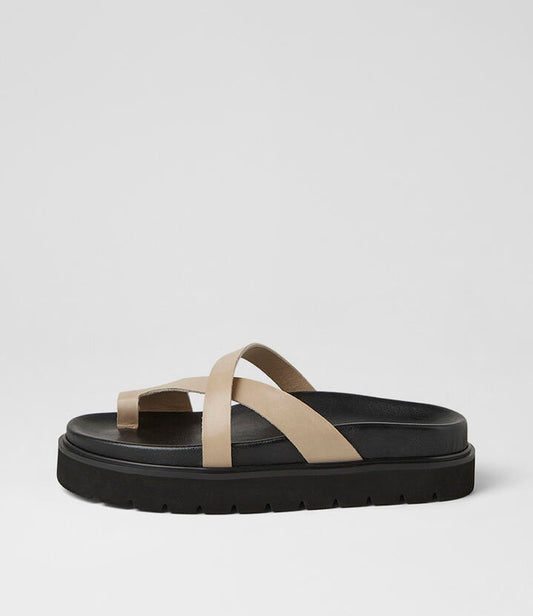 Image of Slippers. Product name - Margee Latte Black Leather Slides in Latte-Black Sole colour by brand - MOLLINI
