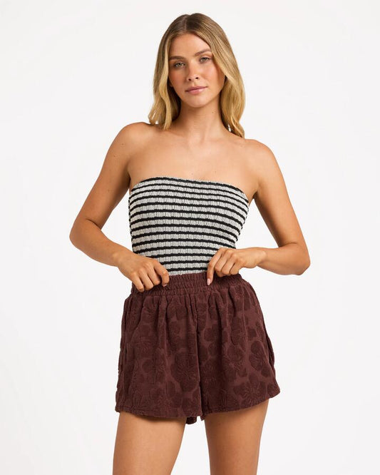 Image of a model wearing Shorts. Product name - Billabong Womens Holiday Moon Terry Elastic Waist Shorts Teak in Teak colour by brand - Billabong