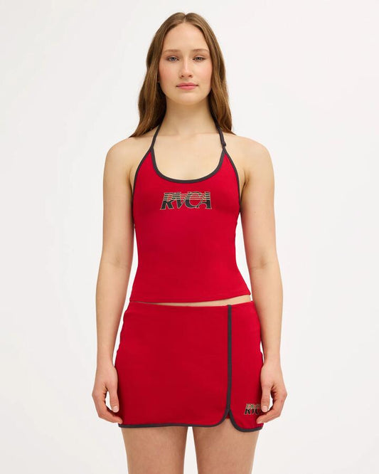 Image of a model wearing Tops. Product name - RVCA Womens Mila Halter Top Scarlet in Scarlet colour by brand - RVCA