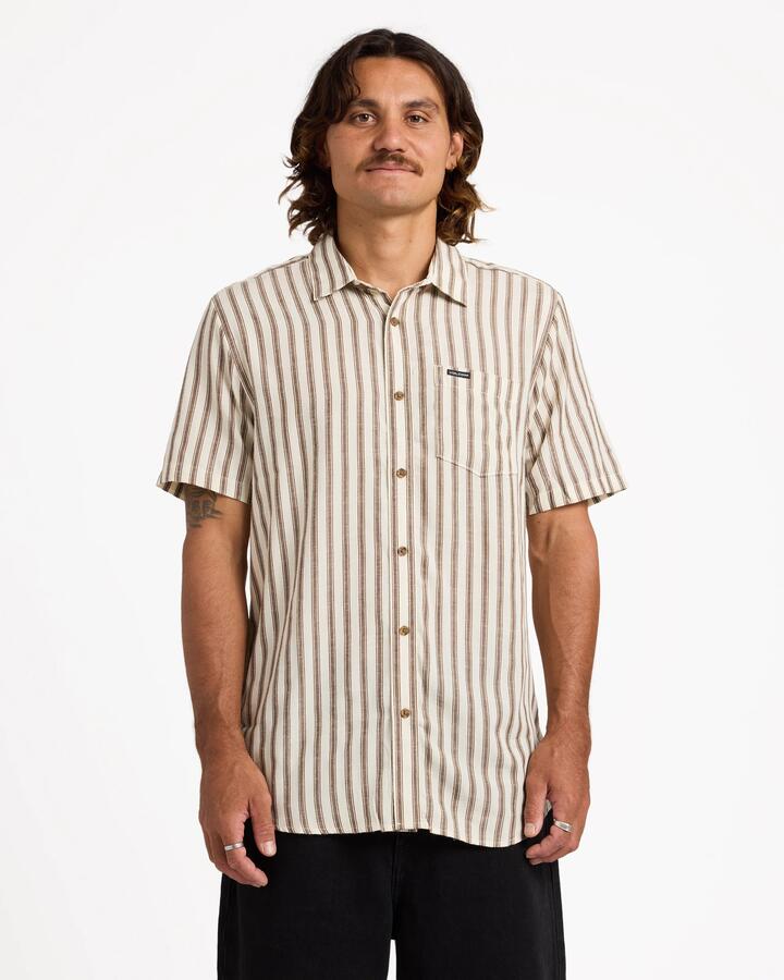 Image of Shirts. Product name - Volcom Mens Arvostripe Short Sleeve Shirt Dark Earth in Dark Earth colour by brand - Volcom