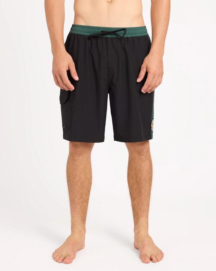 Image of a model wearing Shorts. Product name - Quiksilver Mens Battler 19" Volley Shorts Black in Black colour by brand - Quiksilver