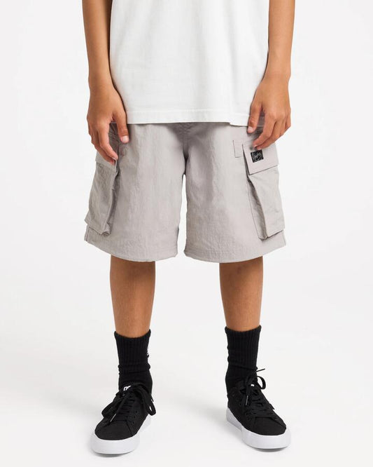 Image of a model wearing Shorts. Product name - Billabong Boys 8-16 Spec 73 Cargo Shorts Ash in Ash colour by brand - Billabong