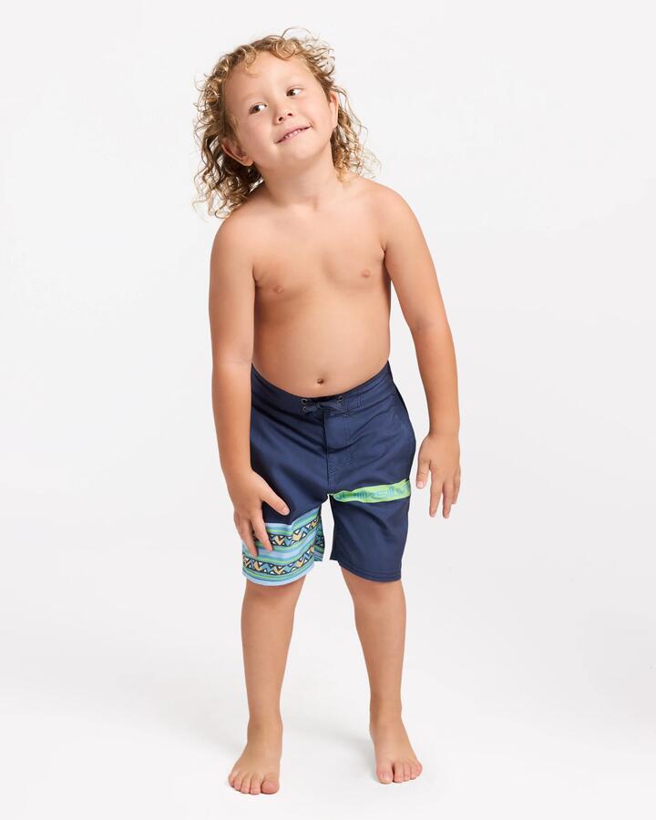 Image of a model wearing Shorts. Product name - Quiksilver Boys 2-7 Wax Heads Half Jam 13" Volley Shorts Mood Indigo in Mood Indigo colour by brand - Quiksilver