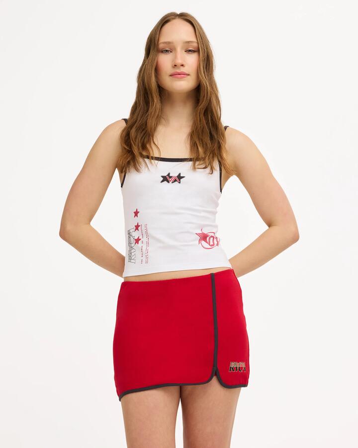 Image of a model wearing Skirts. Product name - RVCA Womens Mila Skort Scarlet in Scarlet colour by brand - RVCA