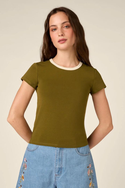 Image of T-Shirts. Product name - Jodie Contrast Bind Ringer Tee in Olive colour by brand - Princess Highway