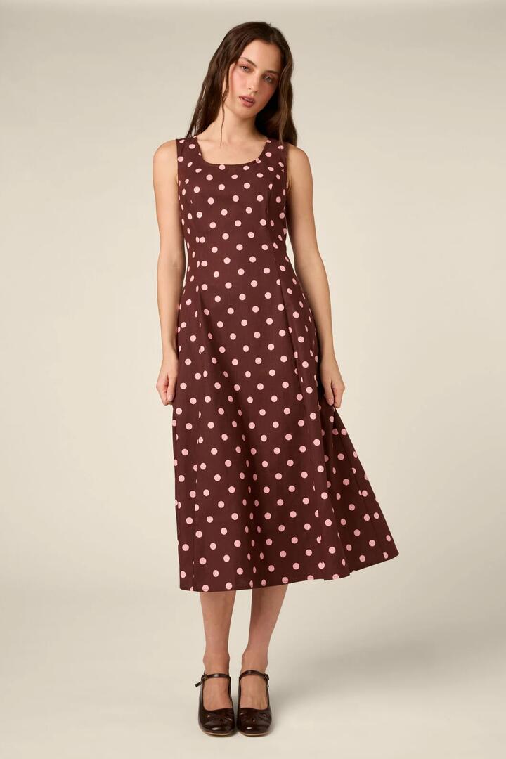 Image of Dresses. Product name - Mia Polka Dot Midi Dress in Chocolate colour by brand - Princess Highway