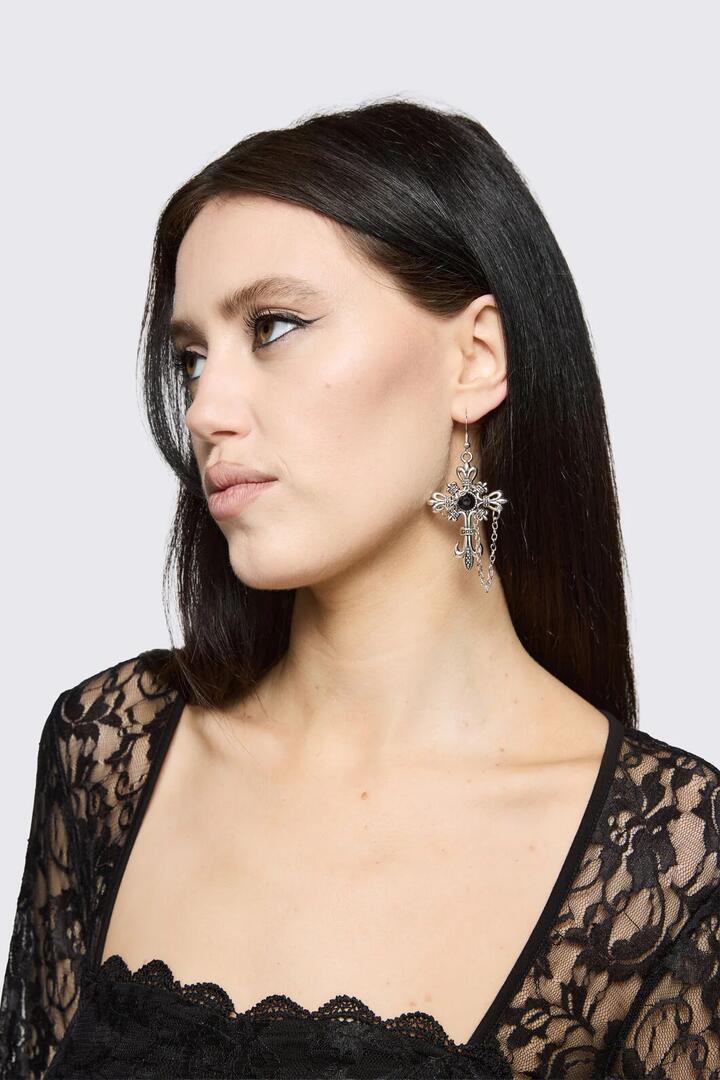 Image of Earrings. Product name - Gothic Cross Chain Earrings in Silver colour by brand - Dangerfield