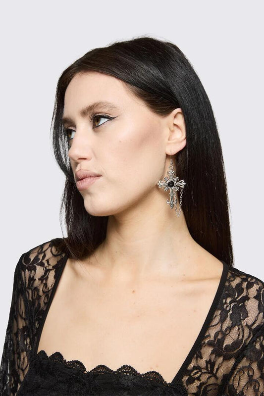 Image of Earrings. Product name - Gothic Cross Chain Earrings in Silver colour by brand - Dangerfield