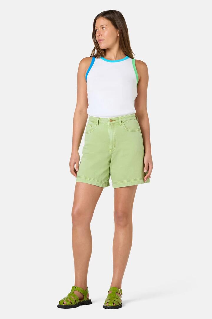 Image of a model wearing Shorts. Product name - Martha Organic Denim Shorts in Apple colour by brand - Gorman