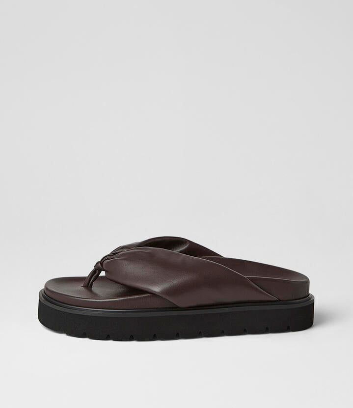 Image of Sandals. Product name - Meigh Choc Leather Thongs in Choc colour by brand - MOLLINI