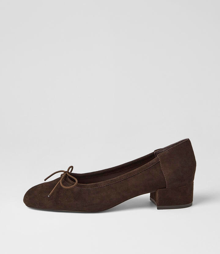 Image of Heels. Product name - Jeahe Choc Suede Heels in Choc colour by brand - MOLLINI