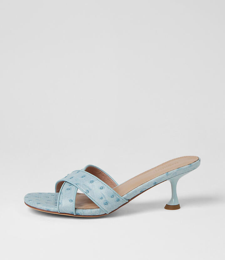 Image of Sandals. Product name - Asire Pale Blue Ostrich Embossed Leather Sandals in Pale Blue Ostrich colour by brand - MOLLINI