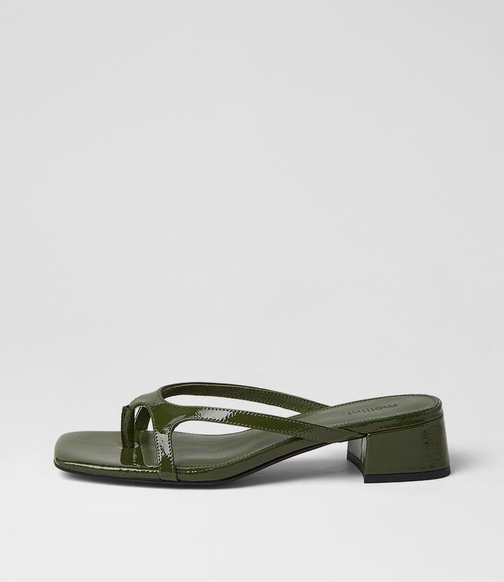 Image of Sandals. Product name - Sieka Olive Crinkle Patent Sandals in Olive colour by brand - MOLLINI