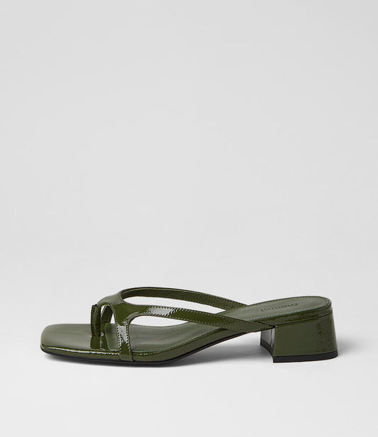 Image of Sandals. Product name - Sieka Olive Crinkle Patent Sandals in Olive colour by brand - MOLLINI