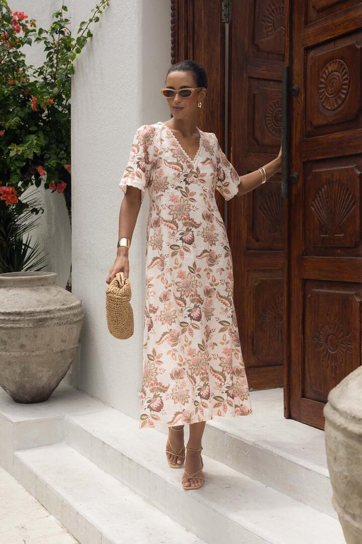 Image of Dresses. Product name - Bohemian Rose Floral SS Linen Midi Dress in Pink colour by brand - Humidity Lifestyle