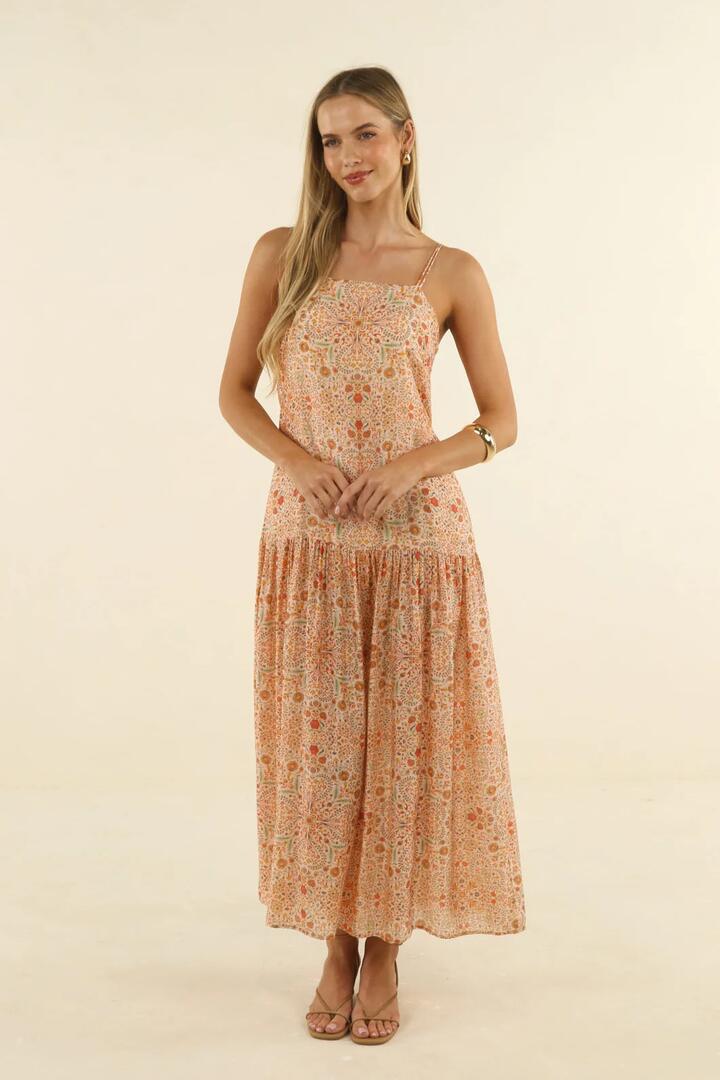 Image of Dresses. Product name - Izra Melon Pink Floral Silk Blend Strappy Drop Waist Maxi Dress in Pink colour by brand - Humidity Lifestyle