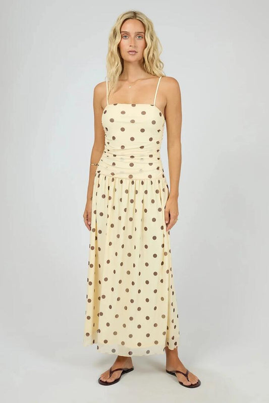 Image of Dresses. Product name - Cali Yellow Spot Strappy Maxi Dress in Yellow colour by brand - All About Eve