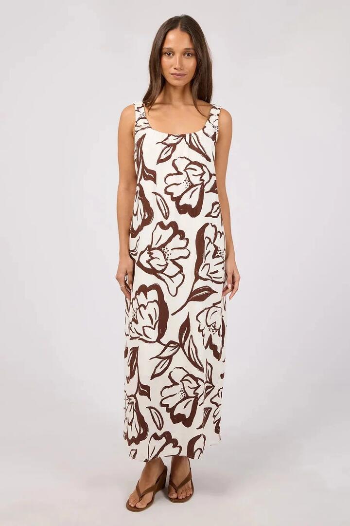 Image of Dresses. Product name - Lucia Vintage White Choc Floral Print Sleeveless Maxi Dress in Brown colour by brand - Silent Theory