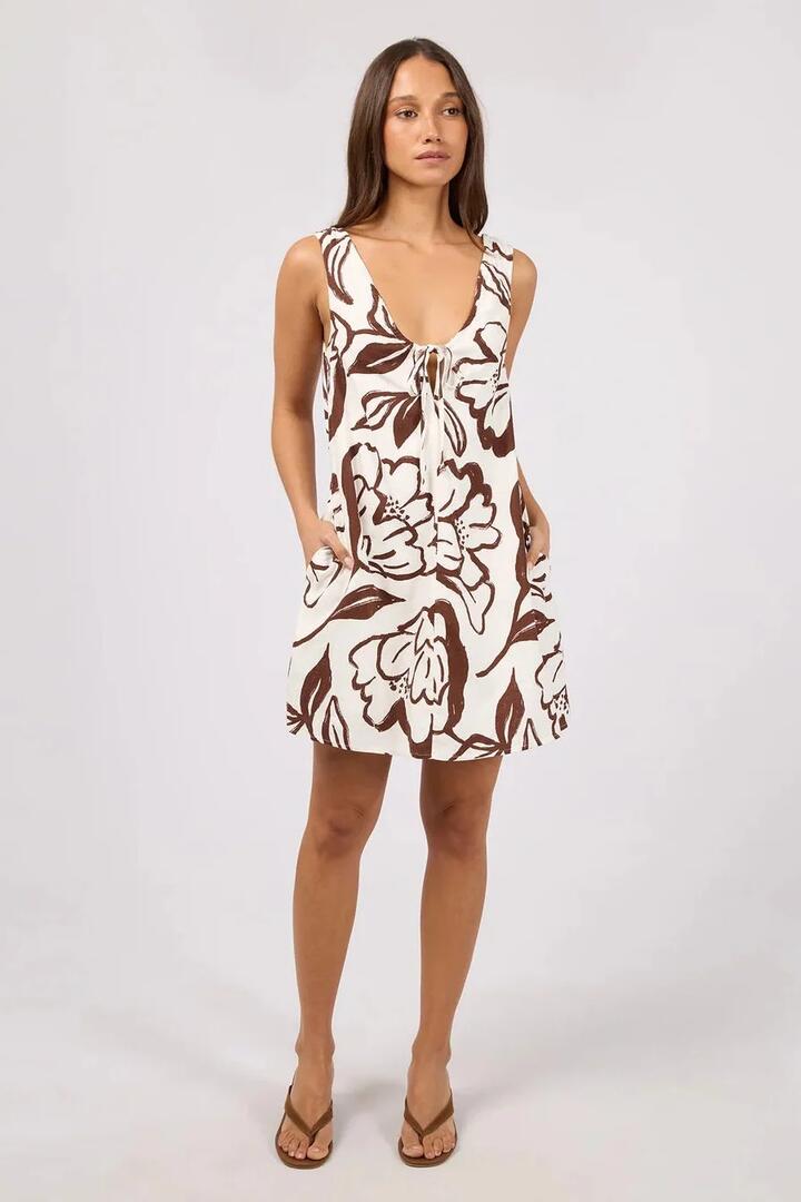 Image of Dresses. Product name - Lucia Vintage White Choc Floral Print Sleeveless Mini Dress in Brown colour by brand - Silent Theory