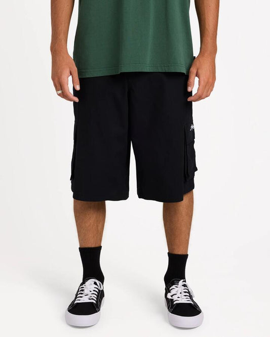 Image of a model wearing Shorts. Product name - Billabong Mens Script Cargo 24" Shorts Black in Black colour by brand - Billabong