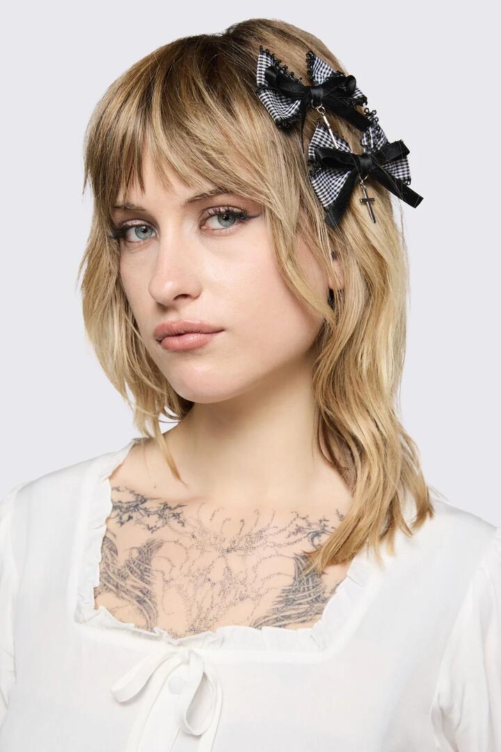 Image of Hair Accessories. Product name - Gingham Bow Set in Black/White colour by brand - Black Friday