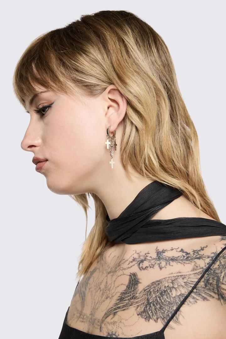 Image of Earrings. Product name - Drop Chain Cross Earrings in Silver colour by brand - Black Friday