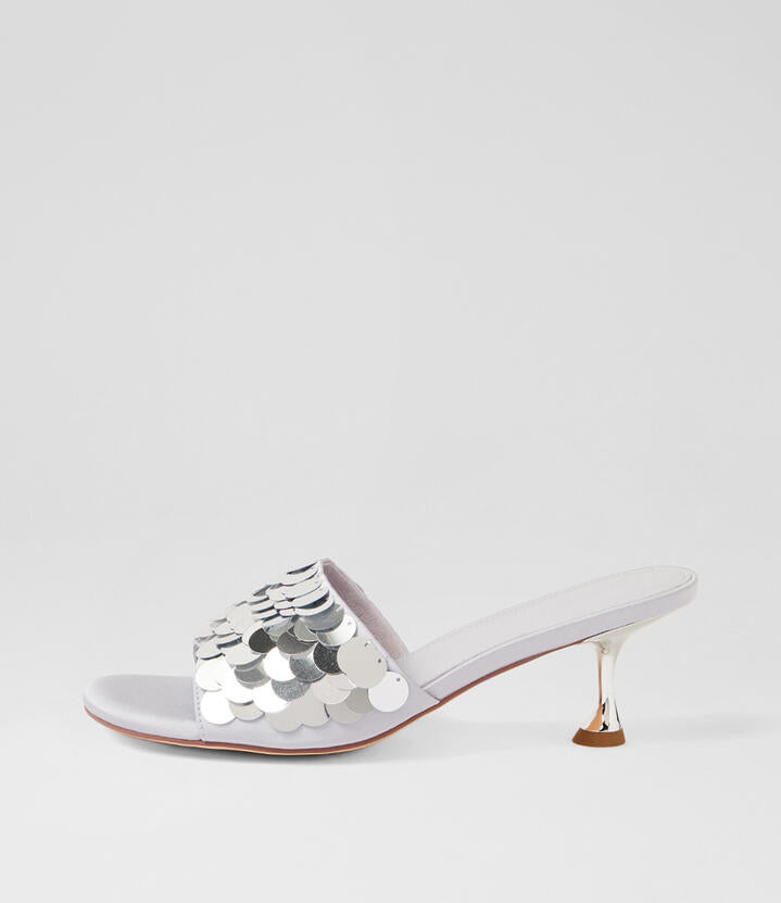 Image of Slippers. Product name - Ampale Silver Sequin Slides in Silver colour by brand - MOLLINI