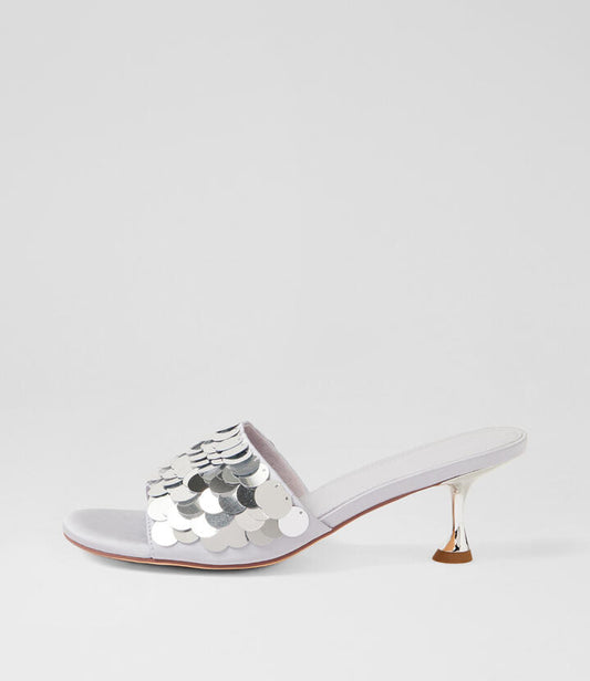 Image of Slippers. Product name - Ampale Silver Sequin Slides in Silver colour by brand - MOLLINI
