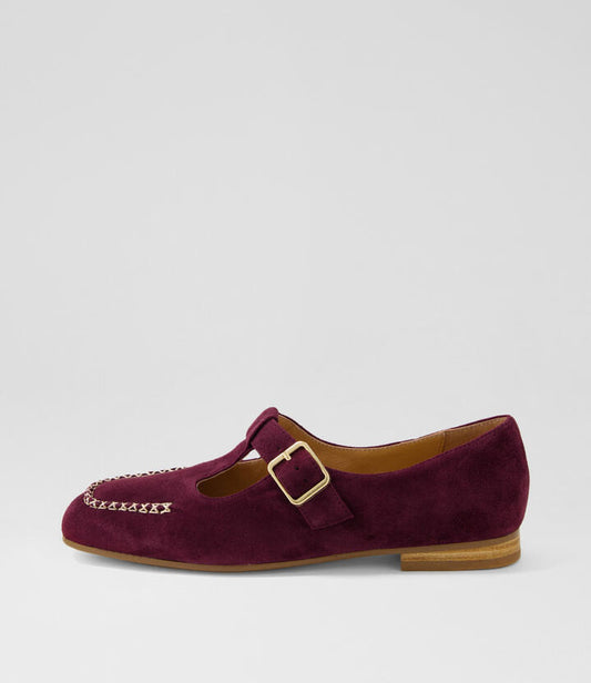 Image of Flats. Product name - Periwinkle Burgundy Natural Suede Mary Janes in Burgundy-Natural colour by brand - MIDAS