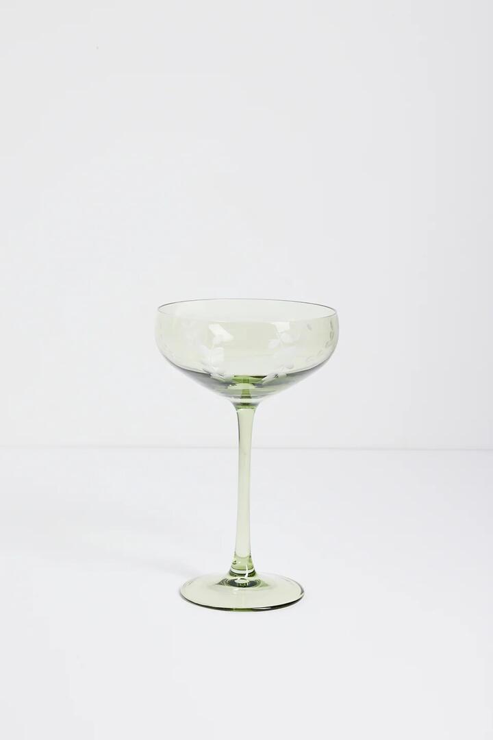 Image of Kitchen & Dining. Product name - Olive Green Etched Leaf Coupe Cocktail Glass in Green colour by brand - Willow & Mae