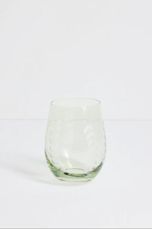 Image of Kitchen & Dining. Product name - Olive Green Etched Leaf Stemless Wine Glass in Green colour by brand - Willow & Mae