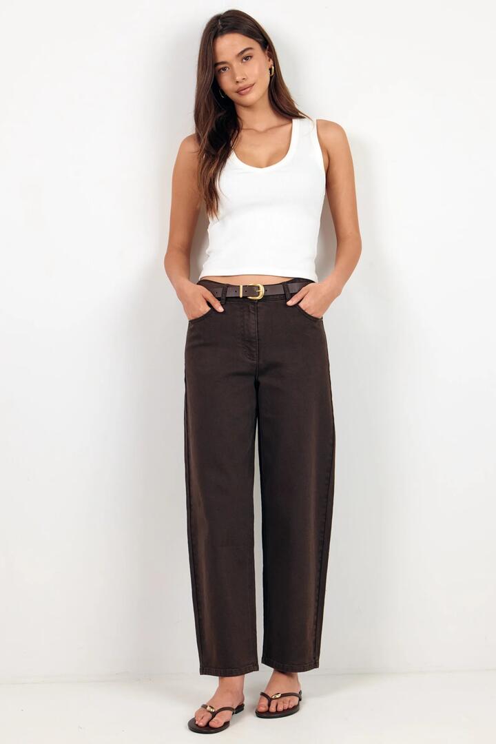 Image of Jeans. Product name - Tradition Dark Chocolate Stretch Soft Barrel Jeans in Dark Chocolate colour by brand - Ivy + Jack